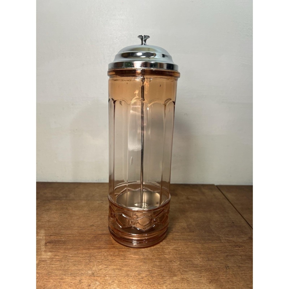 Vtg Pink Depression Glass Soda Straw Dispenser Chrome 11" Mcm Art Deco Malt